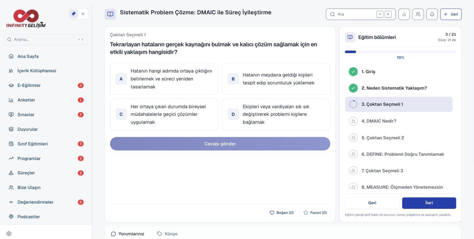 E-eğitim oynatıcısı: çoktan seçmeli soru ve bölüm ilerlemesi