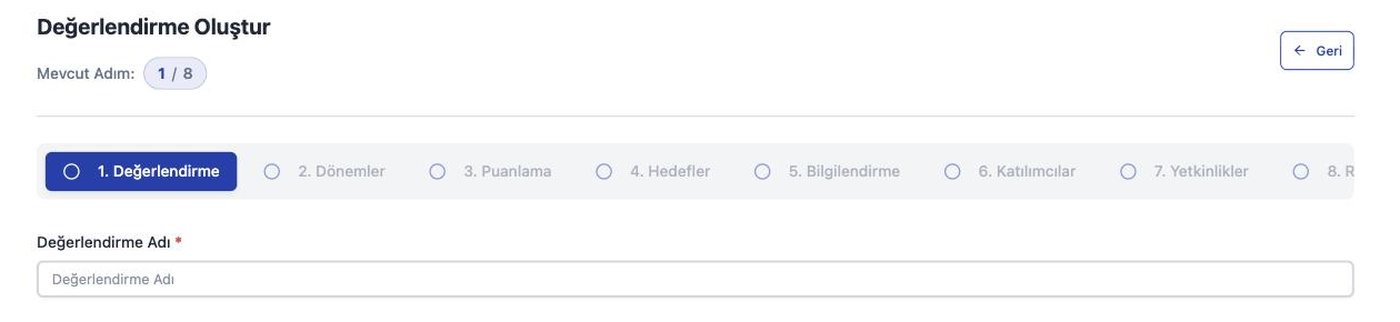 Değerlendirme oluşturma sihirbazının adım çubuğu