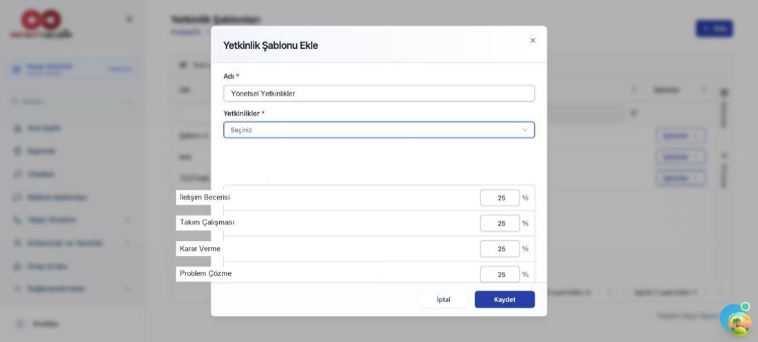Yetkinlik şablonu: seçilen yetkinlikler ve yüzde ağırlıkları
