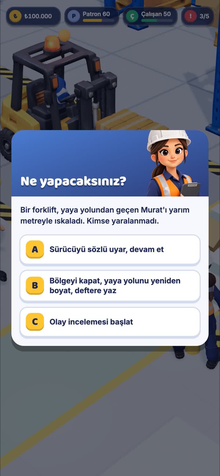 Ramak oyununda forklift vakası: Bir forklift, yaya yolundan geçen Murat'ı yarım metreyle ıskaladı. Kimse yaralanmadı. Üç seçenek sunuluyor.